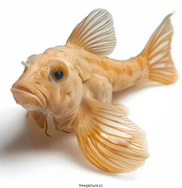 A close-up of a fish with a white background