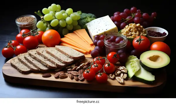 A variety of healthy food including fruits, vegetables, whole grains, and dairy