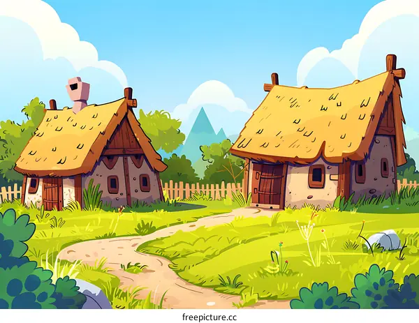Two Cute Cartoon Houses In A Meadow