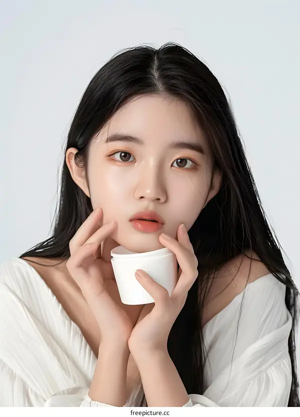 Beautiful Asian Woman Holding a White Container