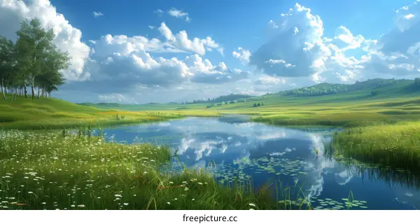 Summer Meadow Landscape with Pond Reflection
