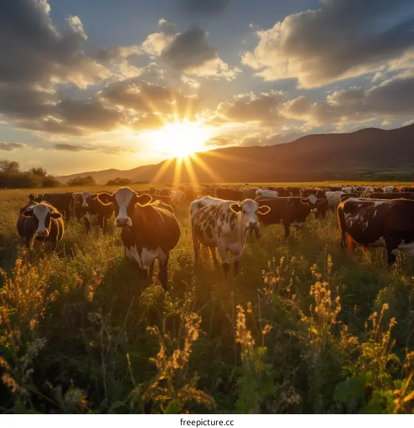 Cows Grazing in a Green Meadow at Sunset