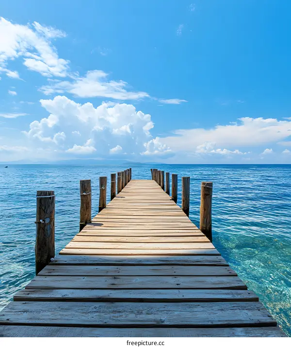 Wooden Dock Leading Out to the Sea Under a Blue Sky