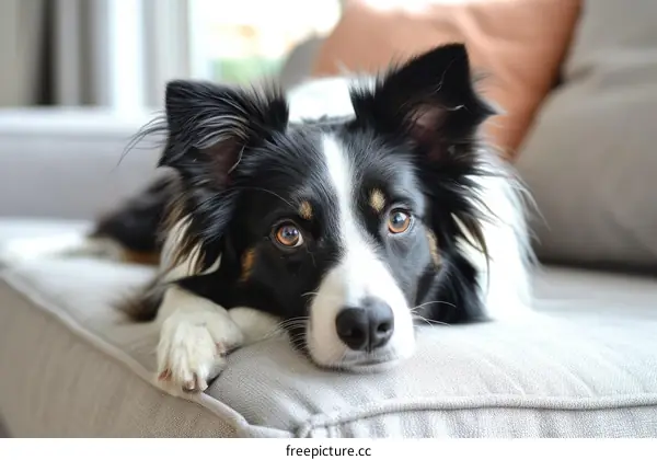 A cute Border Collie dog is lying on a couch and looking at the camera