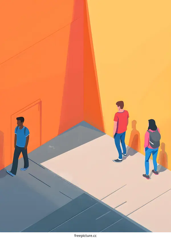 Three People Standing in a Corner with Different Colored Walls