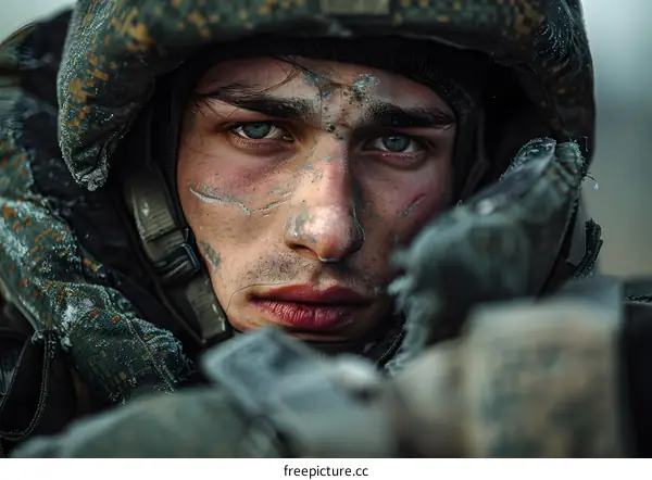 Portrait of a soldier with the wounds of war on his face