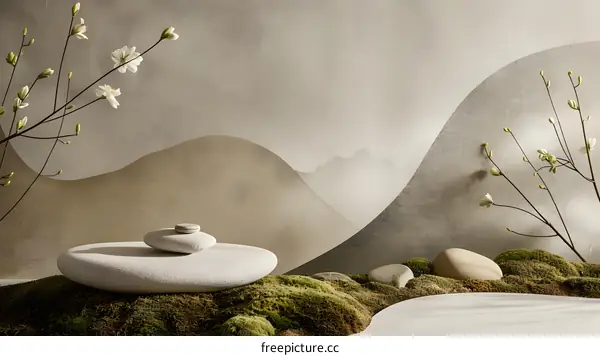 Zen Garden with Stones, Flowers, and Moss