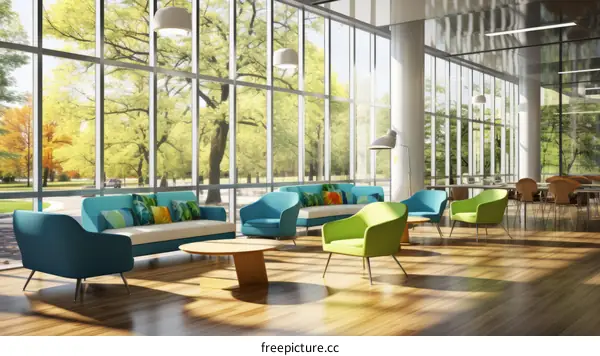 Modern office interior with large windows and colorful furniture