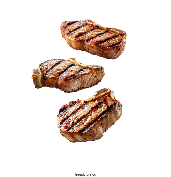 [Transparent Background PNG]Three Grilled Pork Chops Falling on transparent background