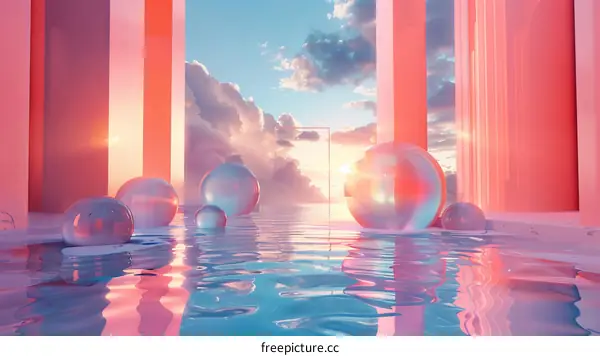 Surreal Landscape with Pink and Blue Glass Spheres