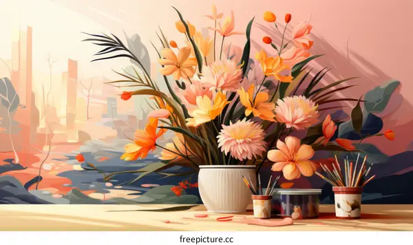 An illustration of a vase of flowers on a table with a cityscape in the background