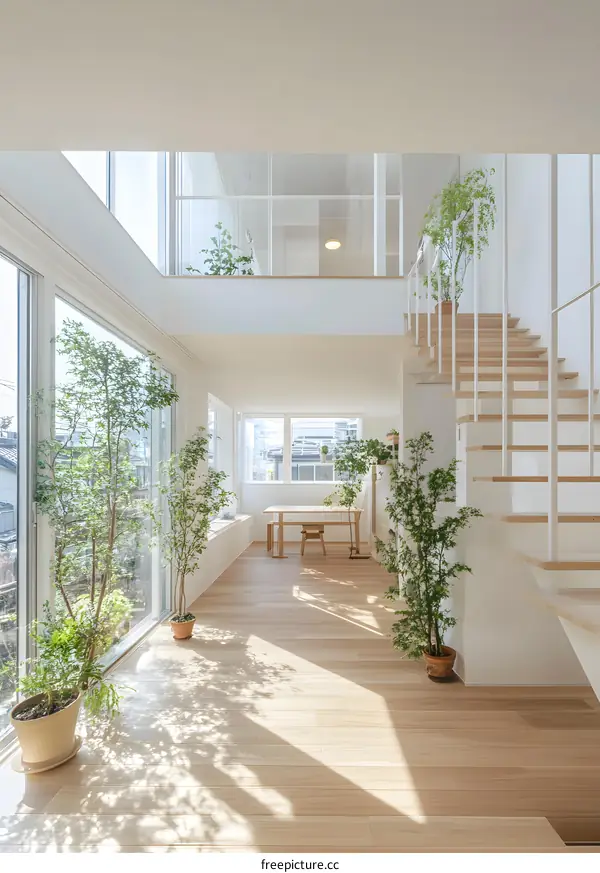 Modern White Minimalist Interior Design of a Two Story House with Large Windows