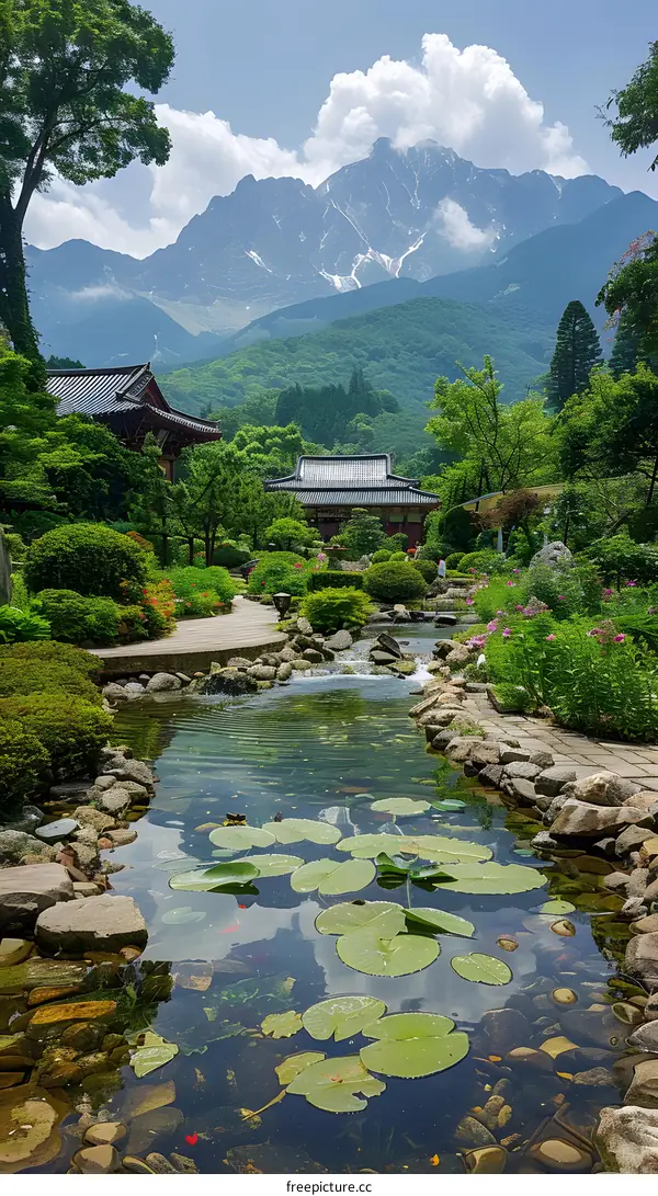 Serene Mountain Temple Garden with Pond and Lily Pads