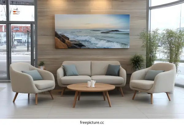 Modern Minimalist Waiting Area with Sea Painting