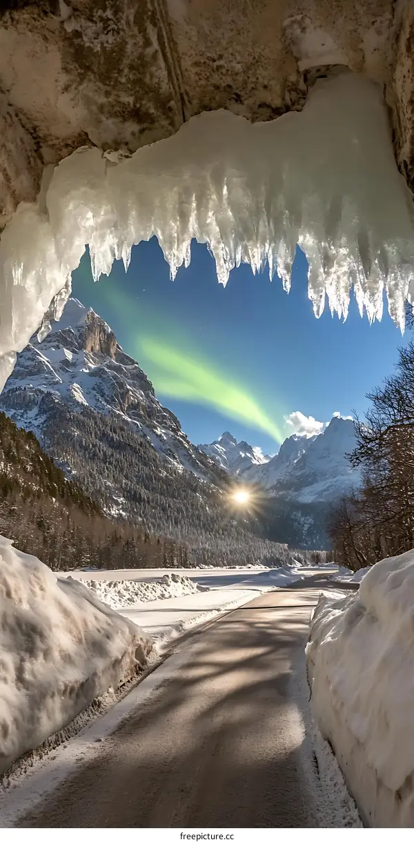 Snowy Mountain Road View From Cave With Icicles