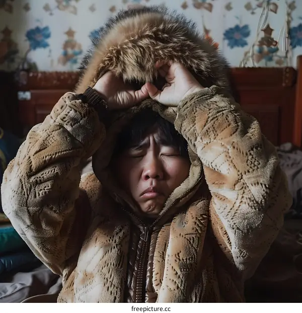 Woman in Fur Lined Jacket Covering Her Head in Cold Weather