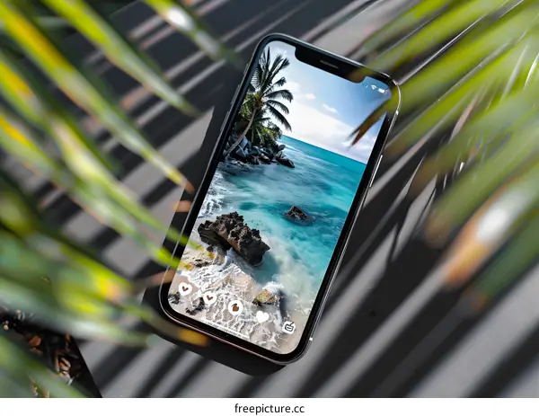 Tropical Beach Landscape on a Smartphone Screen