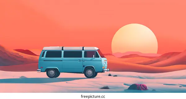 Blue Van Driving Through Desert Landscape With Sunset