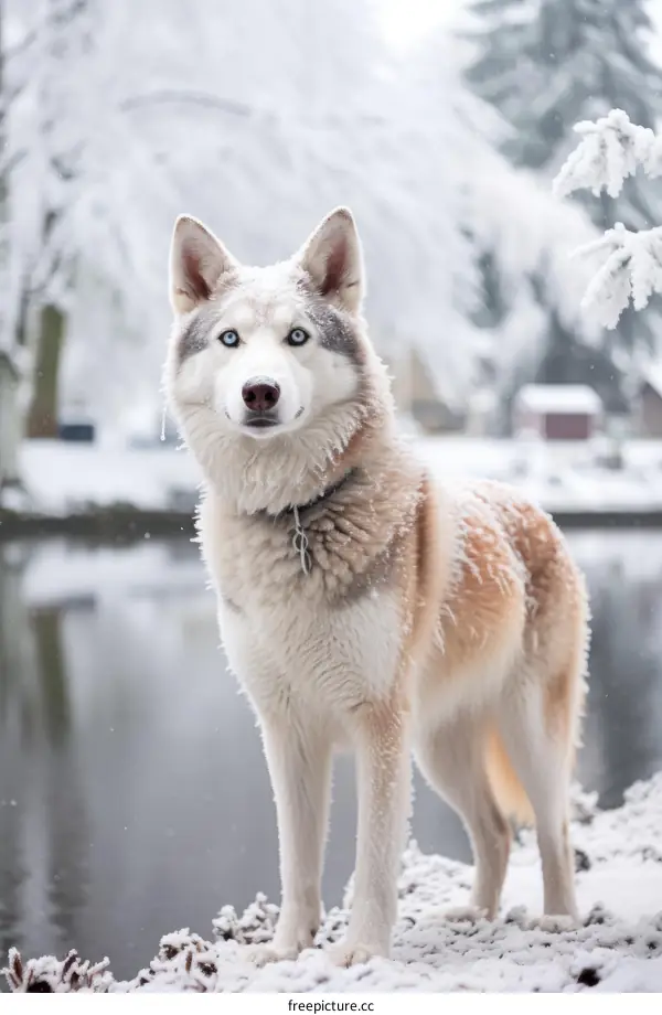 Husky on a Snowy Lake