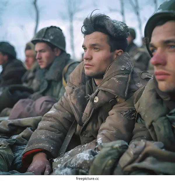 A group of soldiers in winter gear are sitting on the ground in a snowy forest.