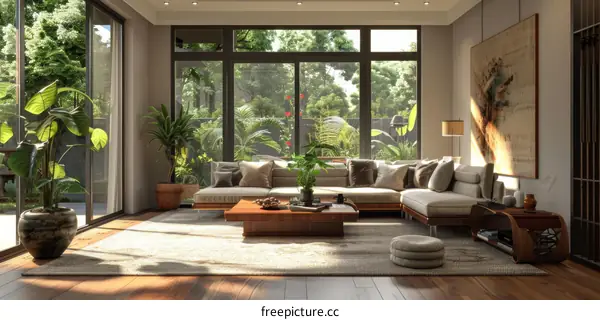 Modern Living Room with Sofa, Coffee Table, Rug, and Plants