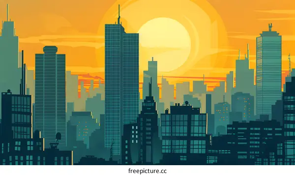 Sunset Cityscape Illustration with Silhouette Buildings and Golden Sky
