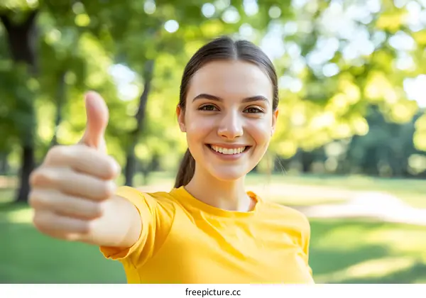 Happy Smiling Woman Giving Thumbs Up Outdoor In Summer
