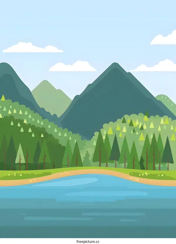 Green Mountains Lake Forest Landscape Illustration