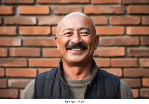 Portrait of a happy bald man with a mustache