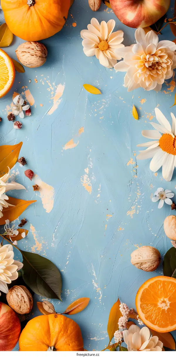 Autumn Floral Arrangement with Pumpkins, Oranges, and Walnuts