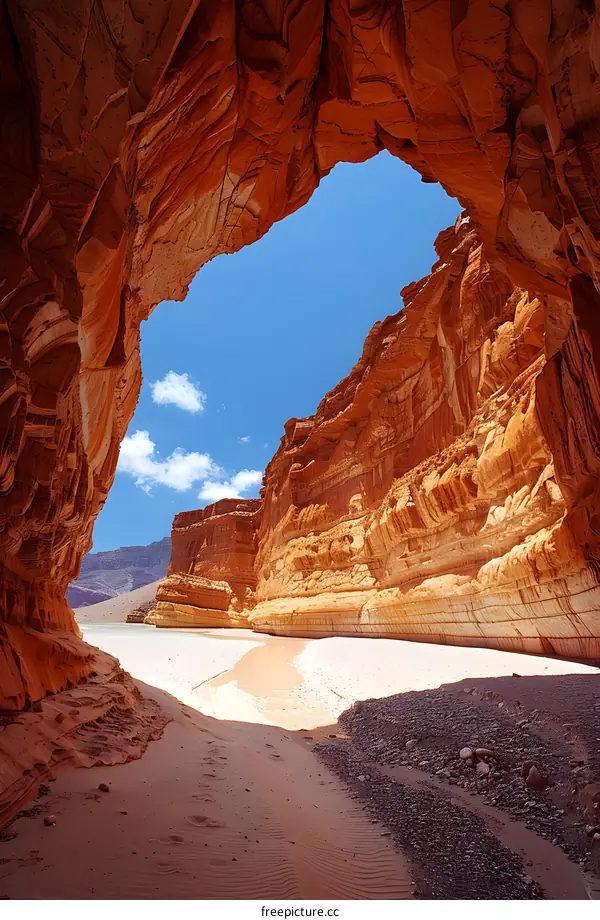 Looking through the cave at the blue sky