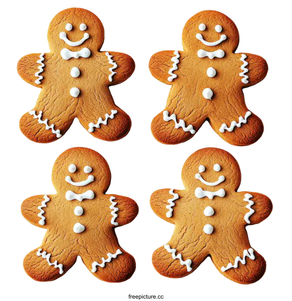[Transparent Background PNG]Four Christmas Gingerbread Men Cookies on a White Background
