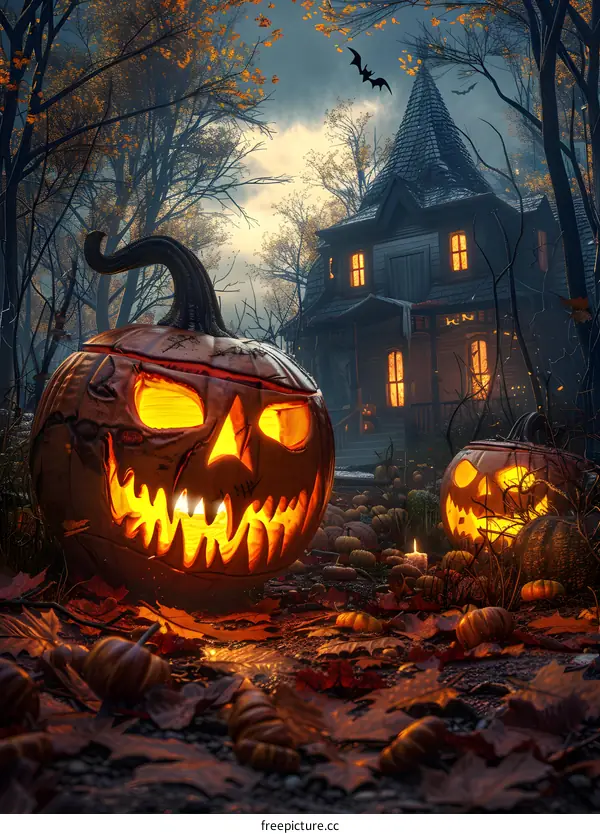 Two Halloween pumpkins with a haunted house in the background