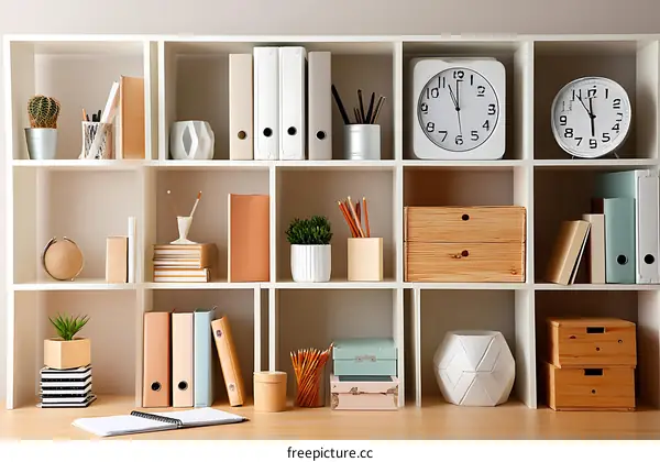 Organized White Bookshelf with Decor