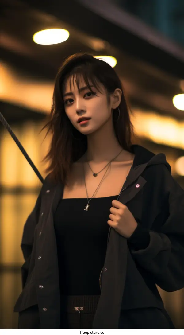 A young woman in a black jacket is standing in a dimly lit alleyway.