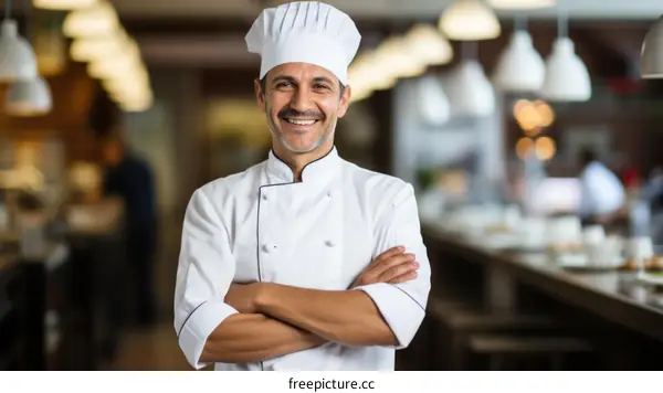 Smiling chef standing with arms crossed in restaurant