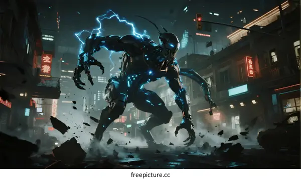 Futuristic cybernetic creature attacking futuristic city street