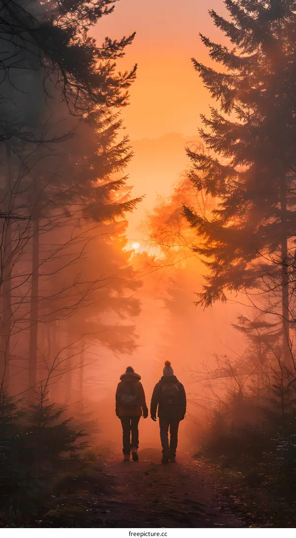 Couple Walking Through Foggy Forest at Sunset