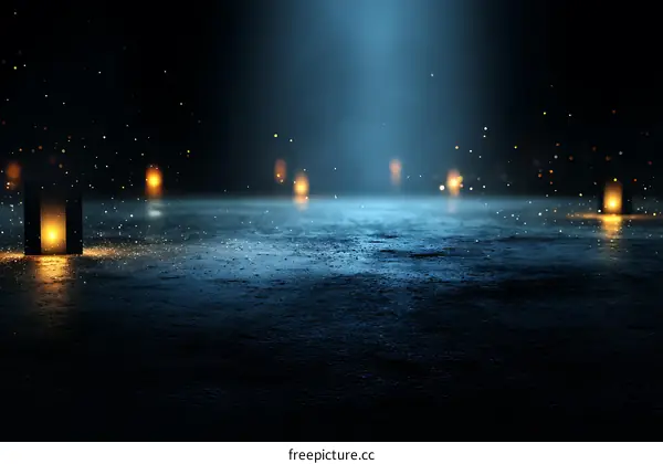 Abstract Dark Studio Scene with Glowing Lanterns