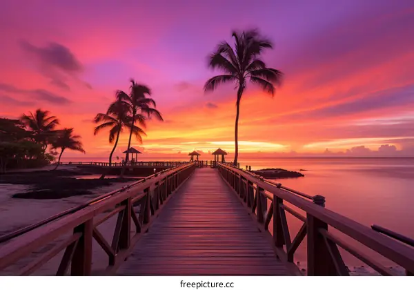 Sunset Wooden Dock and Pink Sky Over Orange Ocean Water