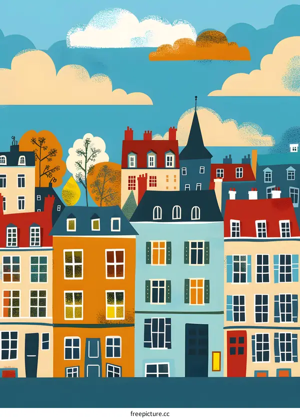 Colorful Illustration of a Town with Houses and Clouds