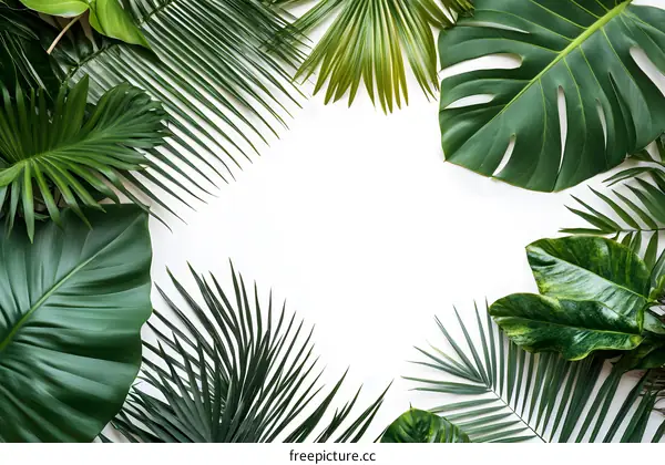 Tropical Green Leaves Frame on White Background