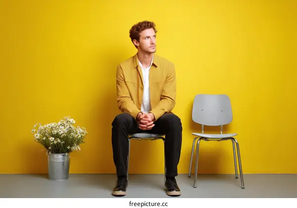 Man Sitting Alone in Front of Yellow Wall