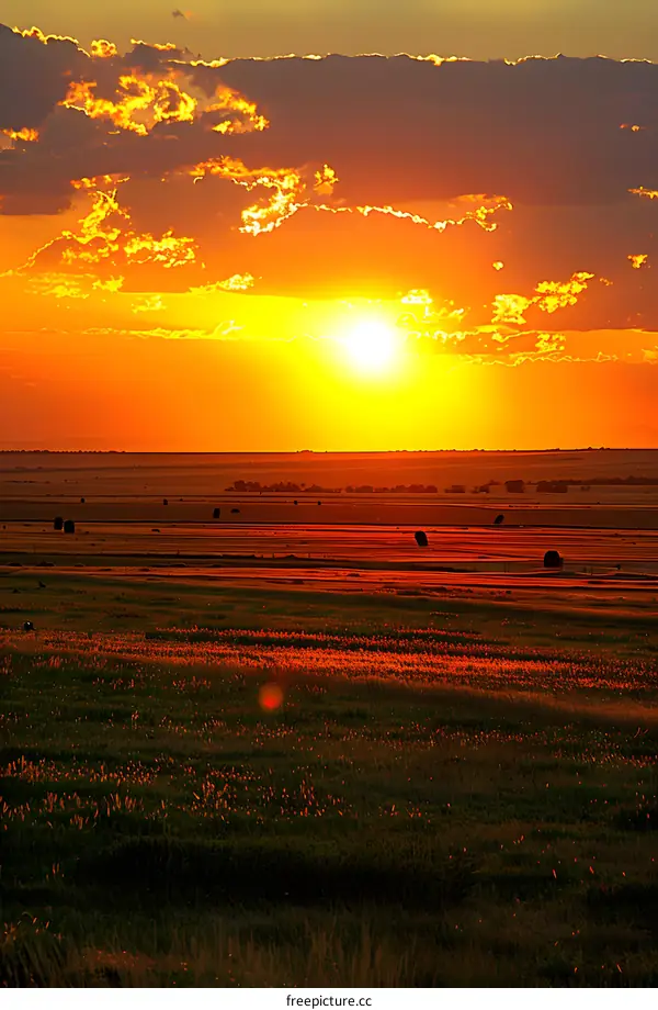 Sunset Over a Field of Hay Bales