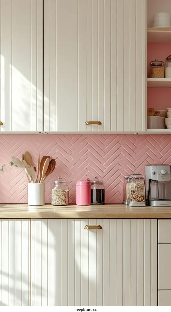 Charming Pink and White Kitchen Cabinets