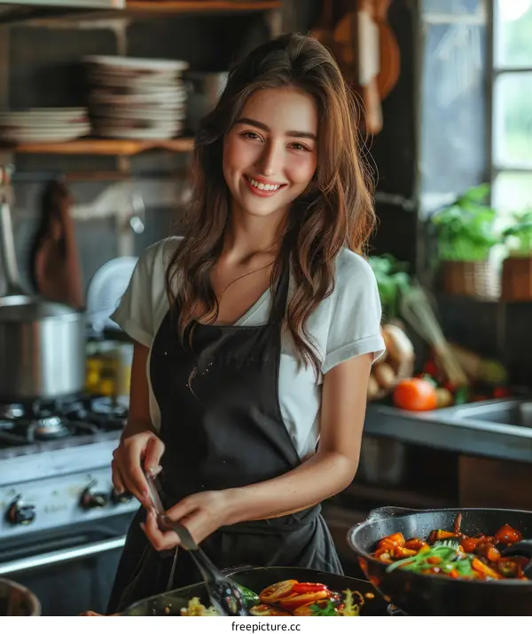 Portrait of a woman cooking in a kitchen
