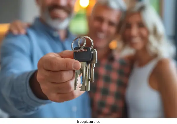 Real estate agent giving keys to new homeowners
