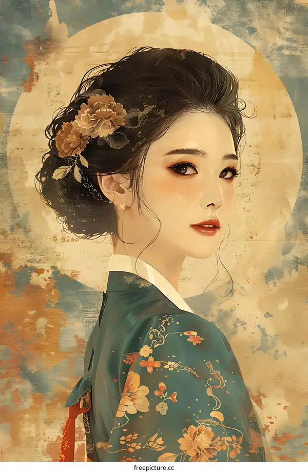 Illustration of a beautiful woman in a traditional Korean dress