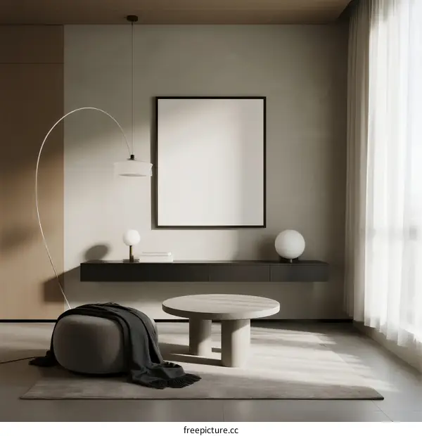 Modern Minimalist Living Room with Empty Frame and Soft Lighting