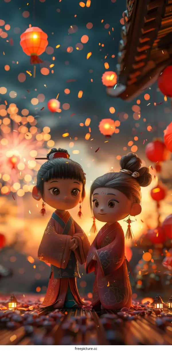 Two Chinese Girls in Hanfu Celebrate the Lantern Festival with Fireworks